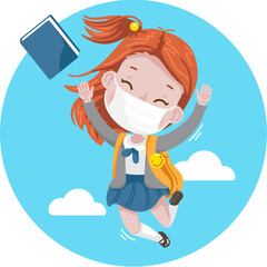 Red hair little girl mask in uniform jumping.