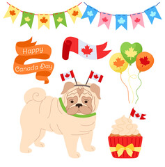 Canada Day cartoon set. Patriotic pet pug, balloon, glasses, garland bunting, ribbon cupcake with maple leaf, canadian flag flat style. Festival Canada day, Funny hand drawn comic pup. Vector