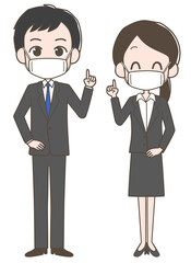 提案をするマスクを着けたスーツ姿の男女