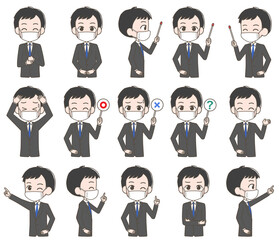 マスクを着けたスーツ姿の男性の表情セット