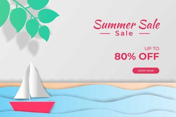 Summer sale banner in papercut style. Premium Vector