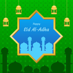 Eid al-Adha greeting design in green and blue colors. mosque silhouette design. designs for cover and poster templates