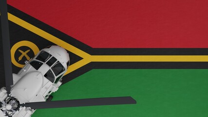 Top down view of a White Helicopter in the Bottom Left Corner and on top of the National Flag of Vanuatu