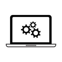 Vector computer laptop and gear setting in screen icon symbol on white background.