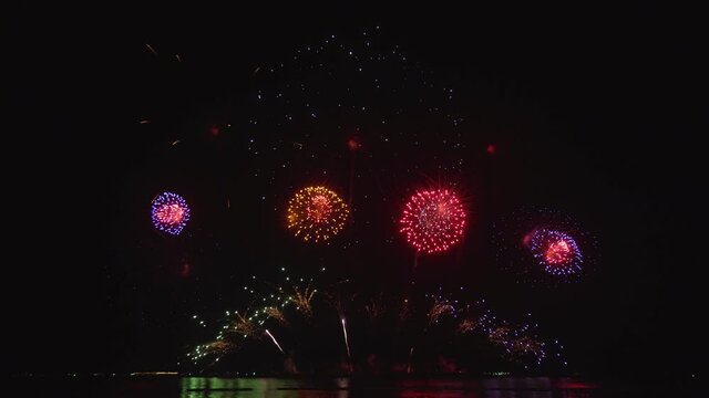 Footage B roll of Real Fireworks on night backgrounds. abstract  real shining fireworks with bokeh lights in the night sky. Celebration fireworks festival and New year's eve. Colorful fireworks.
