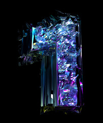 3d render of abstract art 3d fantasy font with letter number one in mix of broken damaged crystal mineral glass diamond and silver metal material in neon purple color on isolated black background 