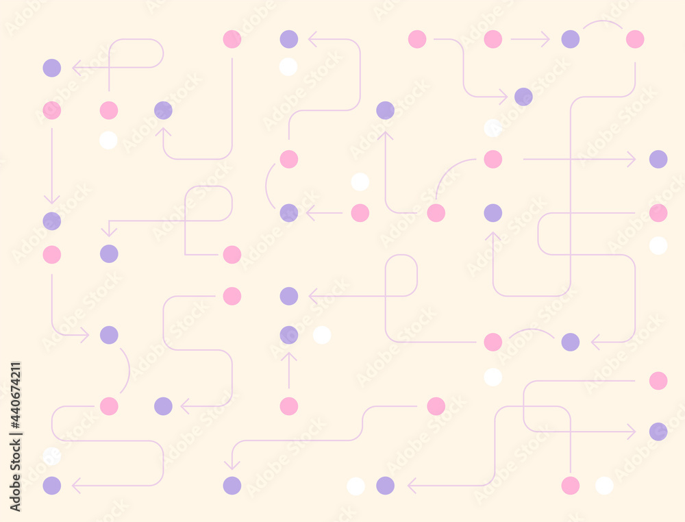 Poster small circles connected by complex arrow lines. simple pattern design template.