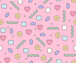 A seamless pattern with hearts and cute decoration figures freely arranged. Simple pattern design template.
