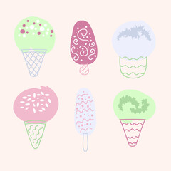 Set of six various tasty sweet delicious ice creams. Design for T-shirt, textile and prints. Hand drawn vector illustration for decor and design.
