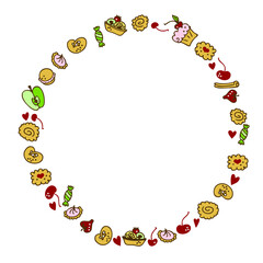 Round frame made of cookies, cakes, candy and berries. Perfect for scrapbooking, textile and prints. Hand drawn vector illustration for decor and design.
