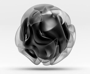 Fototapeta na wymiar 3d render of abstract black and white monochrome art with surreal sculpture in organic curve round wavy smooth spherical biological lines forms in dark matte glass material on isolated white back