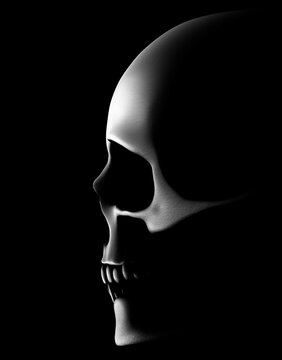 3d render of black and white monochrome abstract art with silhouette of spooky scary anatomy 3d scull in side view in matte rough aluminum metal material on dark black background