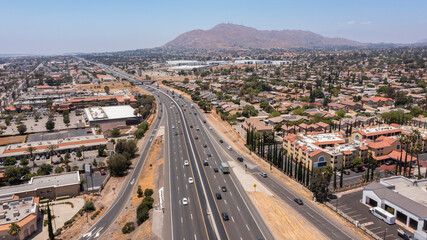 Aerial view of the downtown skyline of Moreno Valley, California. - obrazy, fototapety, plakaty
