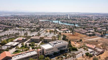 Aerial view of the downtown skyline of Moreno Valley, California.