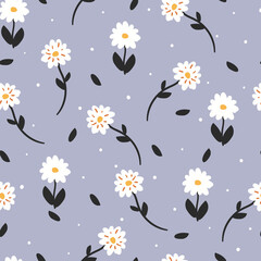 Fototapeta na wymiar Cute seamless pattern with cartoon flowers and leaves for fabric print, textile, gift wrapping paper. colorful vector for kids, flat style