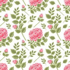 Vintage floral seamless pattern of red rose bouquet, flower buds and leaf branch illustration arrangements for fabric, textile, women fashion, gift paper, feminine and beauty products