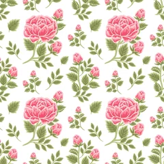 Rolgordijnen Vintage floral seamless pattern of red rose bouquet, flower buds and leaf branch illustration arrangements for fabric, textile, women fashion, gift paper, feminine and beauty products © Artflorara