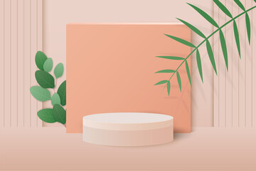Fototapeta premium minimal scene with geometrical forms. Cylinder podiums in cream background with paper leaves on column