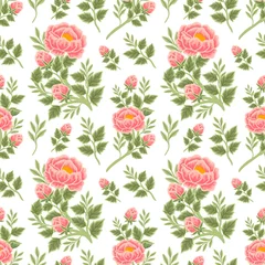Foto op Canvas Vintage summer floral seamless pattern of peach peony bouquet, flower buds and leaf branch illustration arrangements for fabric, textile, women fashion, gift paper, feminine and beauty products © Artflorara