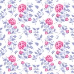 Fototapeta na wymiar Vintage winter floral seamless pattern of violet pink rose bouquet, flower buds and leaf branch illustration arrangements for fabric, textile, women fashion, gift paper, feminine and beauty products