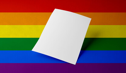 Colorful rainbow gay pride background with paper letter, bag, business card,stationery  and phone mail premium mockup simulation with a flag symbol of Lgbtq social movement behind stationary