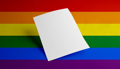 Colorful rainbow gay pride background with paper letter, bag, business card,stationery  and phone mail premium mockup simulation with a flag symbol of Lgbtq social movement behind stationary