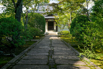 Path to temple building in Sogenchi garden at Tenryu-ji in Kyoto, Japan