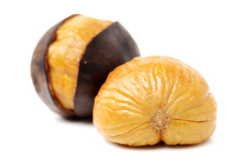 chinese food, peeled roasted chestnut on white background