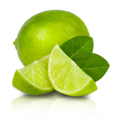 Ripe juicy lime with slices isolated on white background. Fresh fruits.
