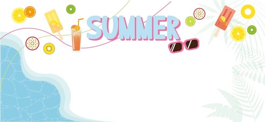 Colorful Summer sale banner with summer fruits and icons decoration.