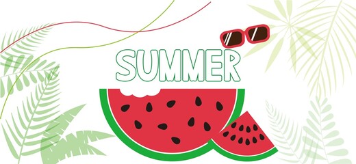 Colorful Summer sale banner with summer fruits and icons decoration.