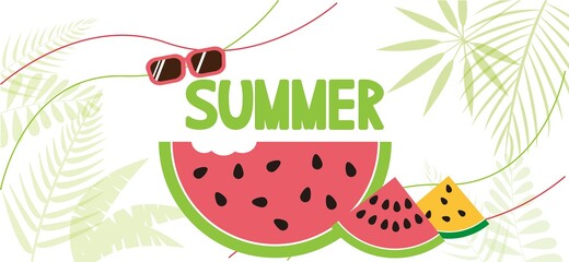 Colorful Summer sale banner with summer fruits and icons decoration.