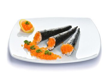 Japanese Sushi,Tobiko sushi food,Tobiko roe sushi fish egg on plate, isolated on white background