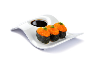 Japanese Sushi,Tobiko sushi food,Tobiko roe sushi fish egg on plate, isolated on white background © maya1313