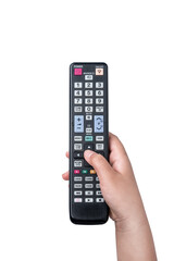 Hand holding television and audio remote control isolate on white background