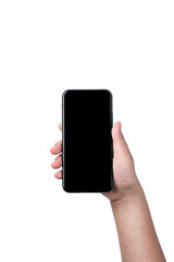 Close up hand hold phone isolated on white.