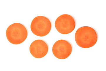 Top view Carrot slice round shape on white background.