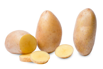 Whole potato and cut raw potato vegetables on white background.