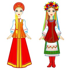 Slavic people. Animation portrait of the Russian and Ukrainian woman in traditional clothes. Eastern Europe.  Fairy tale character. Full growth. Vector illustration isolated on a white background.