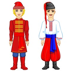 Slavic people. Animation portrait of the Russian and Ukrainian man in traditional clothes. Eastern Europe.  Fairy tale character. Full growth. Vector illustration isolated on a white background.
