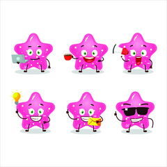 Jelly sweets candy star pink cartoon character with various types of business emoticons. Vector illustration
