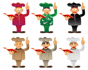 Fat male cartoon chef in uniform reading a red book and making a point. Vector illustration. Cook teaching.