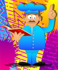 Fat male cartoon chef in uniform reading a red book and making a point. Vector illustration. Cook teaching.