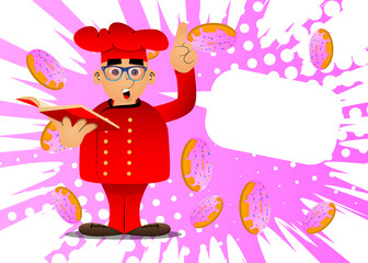 Fat male cartoon chef in uniform reading a red book and making a point. Vector illustration. Cook teaching.