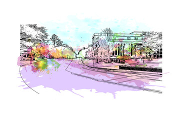 Building view with landmark of Gainesville is a city in northern Florida. Watercolor splash with hand drawn sketch illustration in vector.