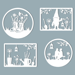 garden design in different frames. gnome is holding a flashlight, an elderly couple is sitting on a bench, rear view. rubber boots with flowers. high retro boots with lavender and chamomile. eps