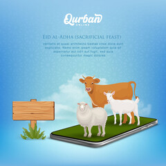 Online Qurban mobile application concept. Illustration of a smart phone with sacrificial animal for Eid al Adha