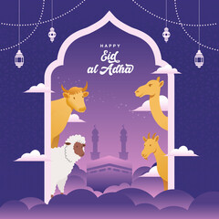 eid al adha freeting card with sacrifice animal, goat, sheep,cow and camel for eid al adha mubarak celebration