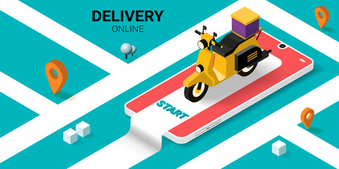 Fast delivery service by scooter on mobile with location or navigation city map, Smart logistics, Online order. City logistics. scooter, warehouse and parcel box. Isometric Vector illustration