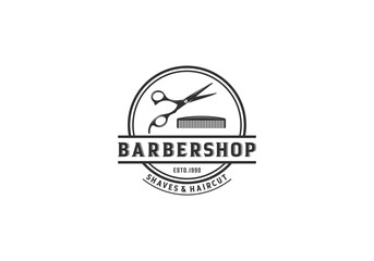 barbershop logo with scissors and comb on white background